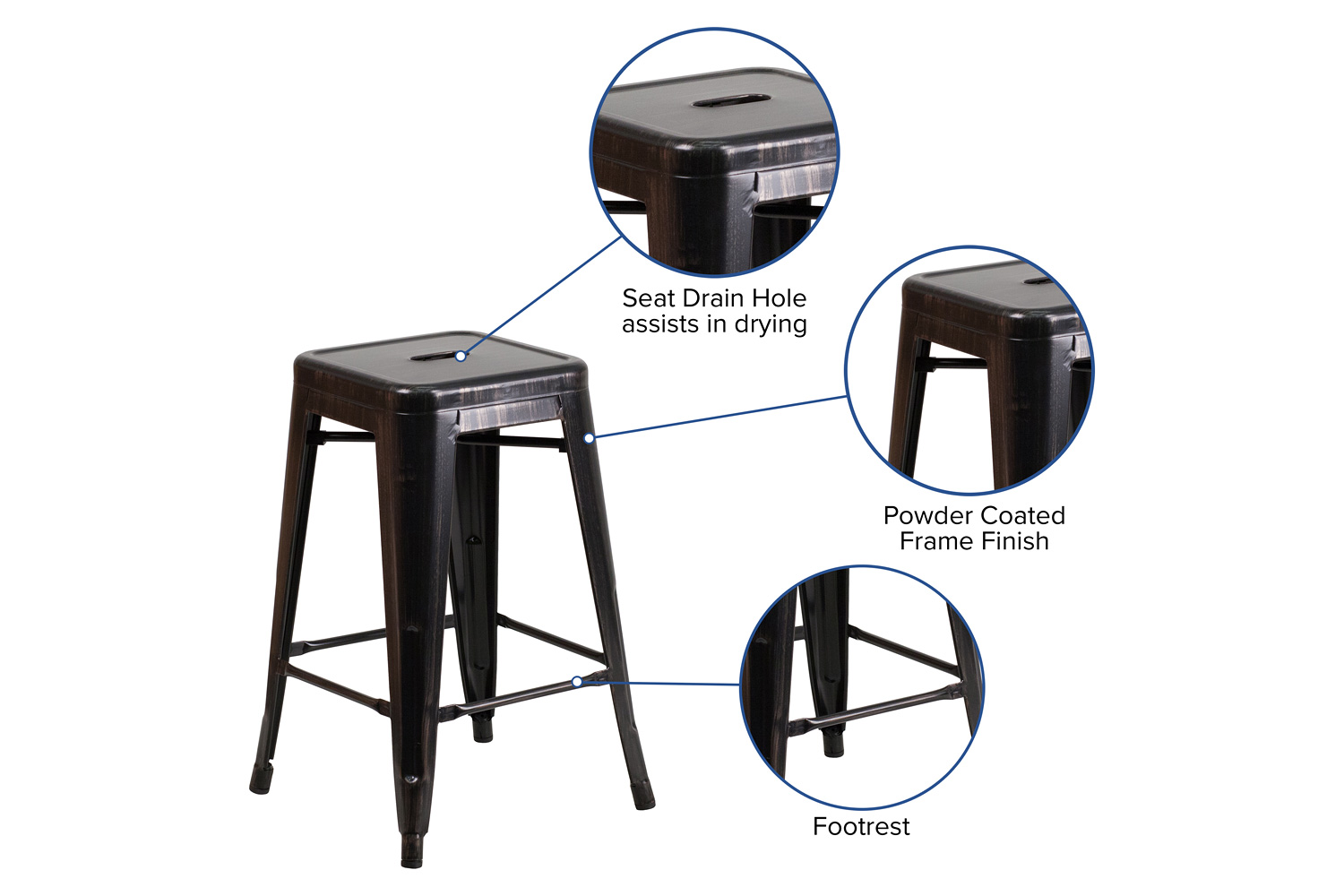 BLNK Kai Commercial Metal Backless Indoor-Outdoor Counter Height Stool with Square Seat - Black/Antique Gold