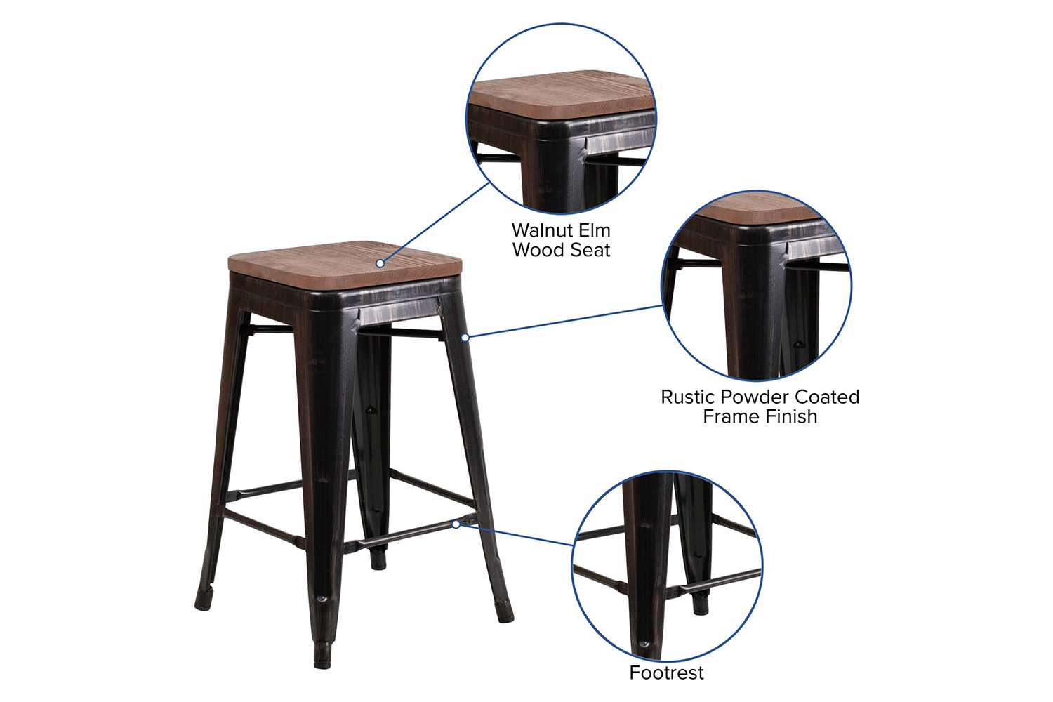 BLNK Lily Metal Backless Counter Height Stool with Square Wood Seat - Black/Antique Gold