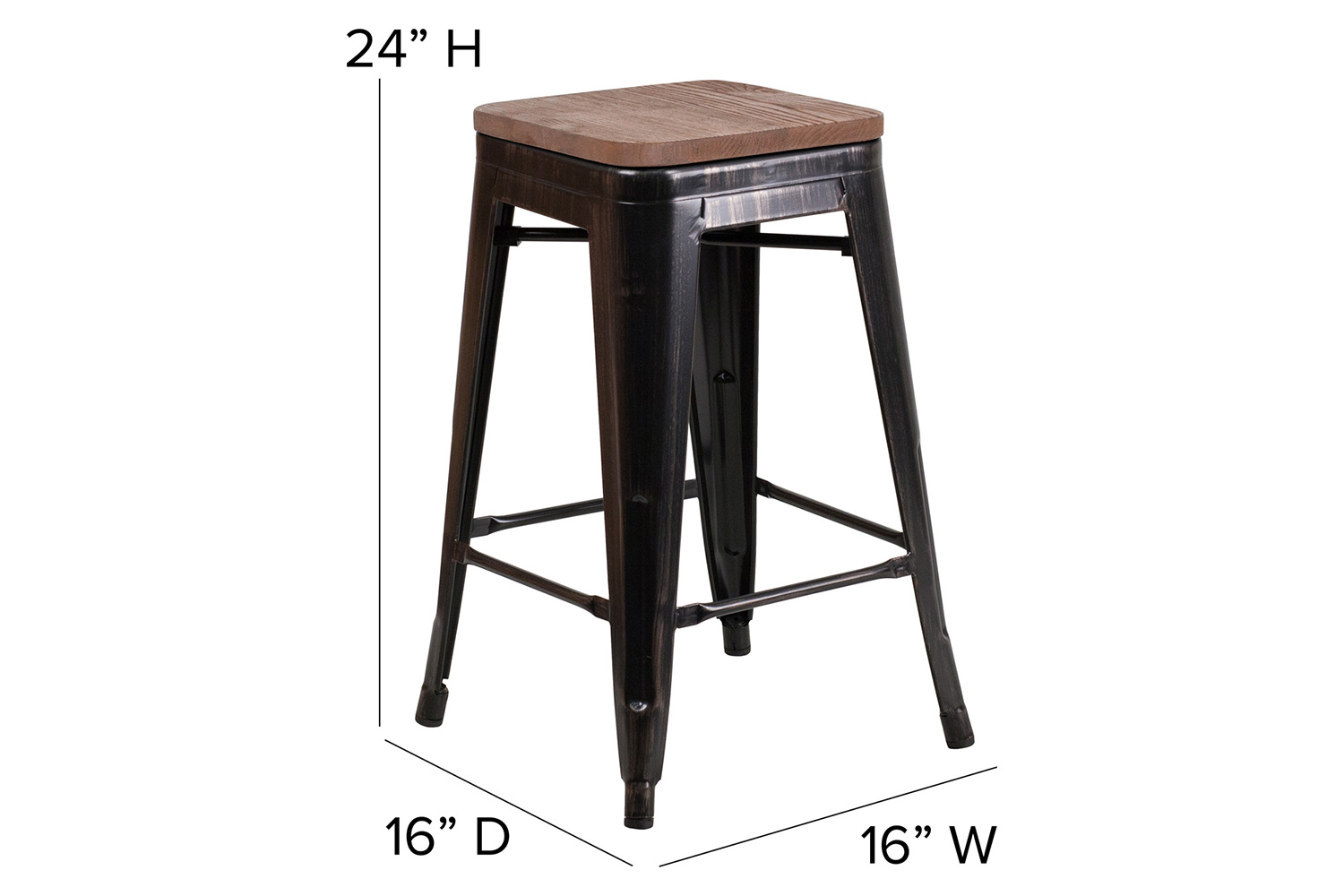 BLNK Lily Metal Backless Counter Height Stool with Square Wood Seat - Black/Antique Gold