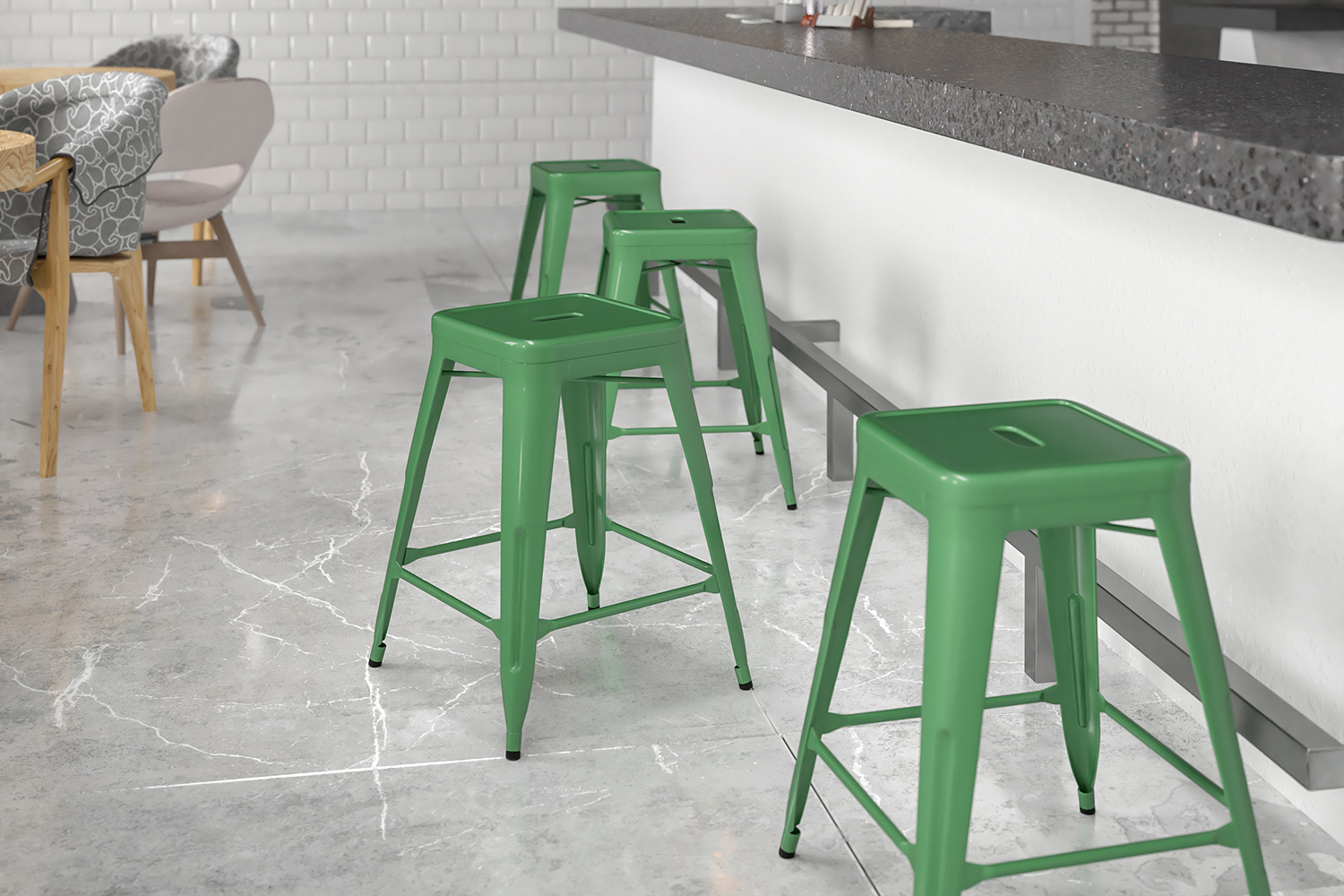 BLNK Kai Commercial Metal Backless Indoor-Outdoor Counter Height Stool with Square Seat