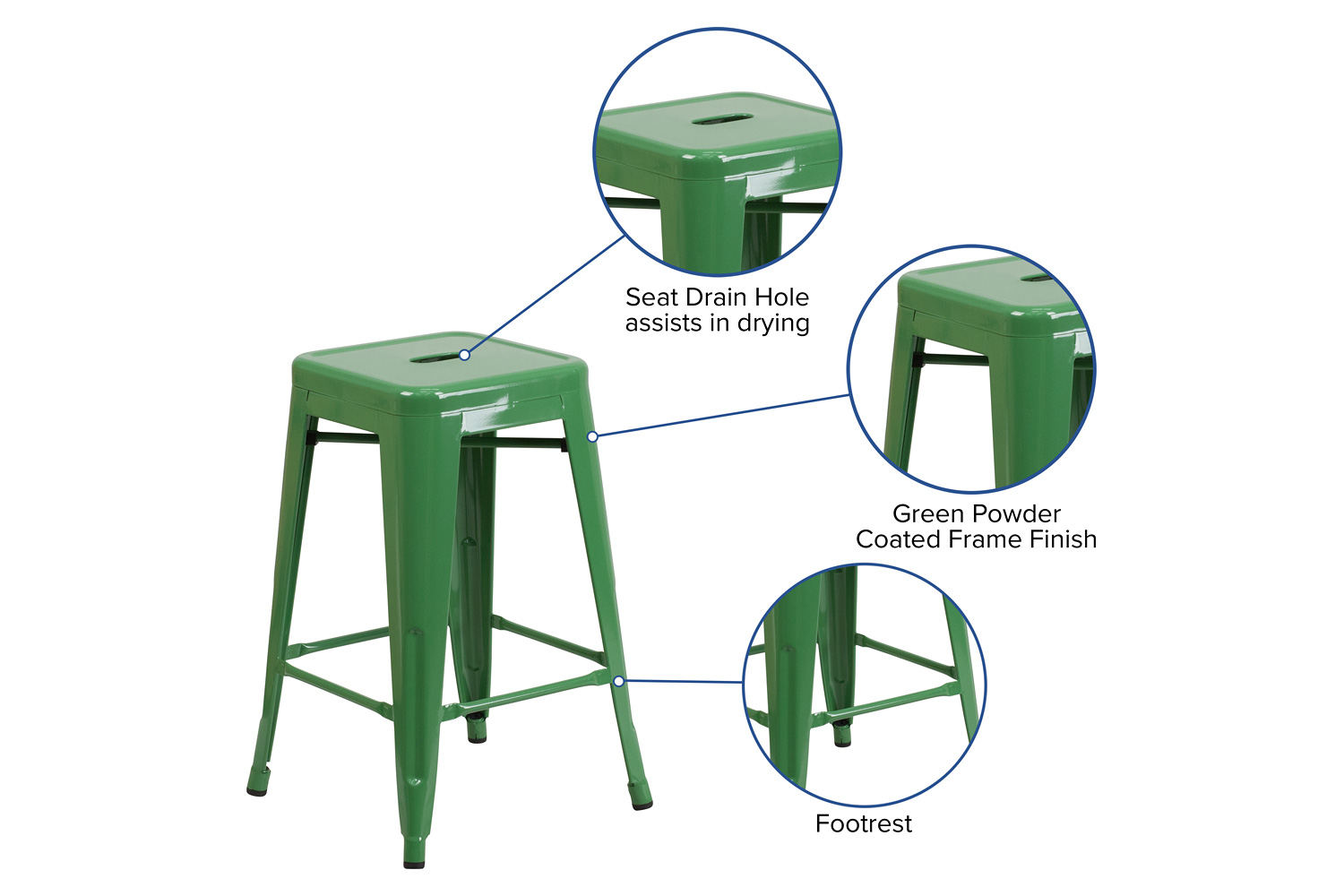 BLNK Kai Commercial Metal Backless Indoor-Outdoor Counter Height Stool with Square Seat - Green