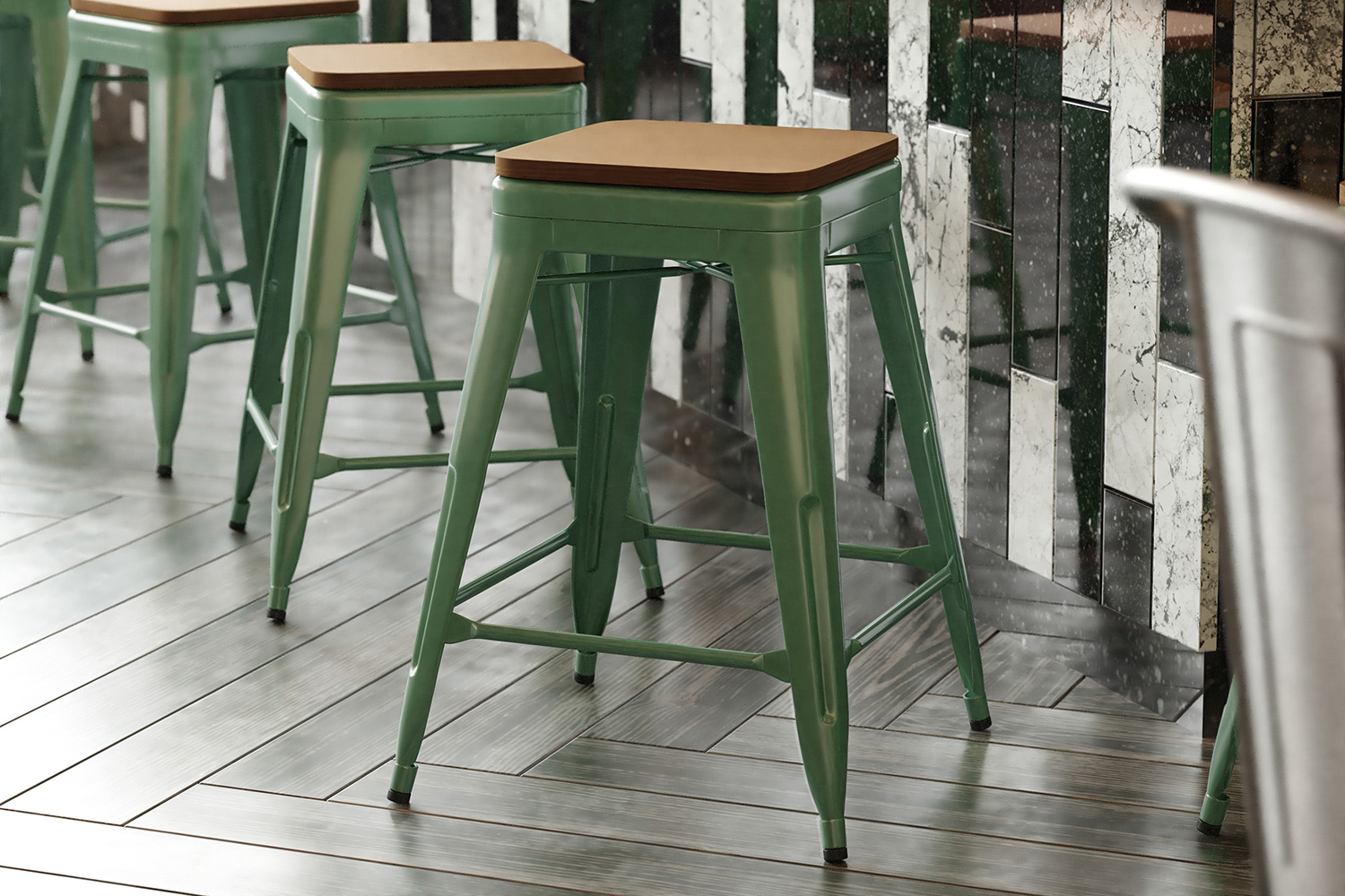 BLNK Kai Commercial Metal Backless Indoor-Outdoor Counter Height Stool with Poly Resin Wood Seat