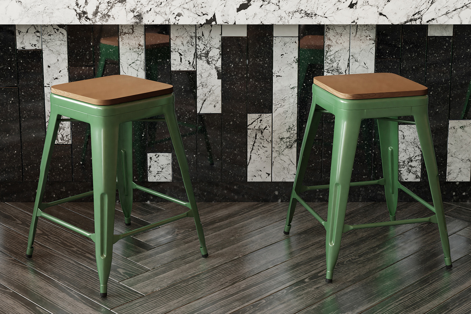 BLNK Kai Commercial Metal Backless Indoor-Outdoor Counter Height Stool with Poly Resin Wood Seat - Green/Teak