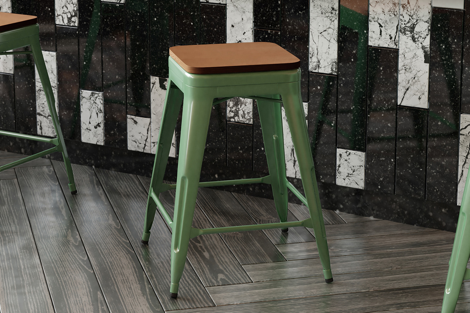 BLNK Kai Commercial Metal Backless Indoor-Outdoor Counter Height Stool with Poly Resin Wood Seat - Green/Teak