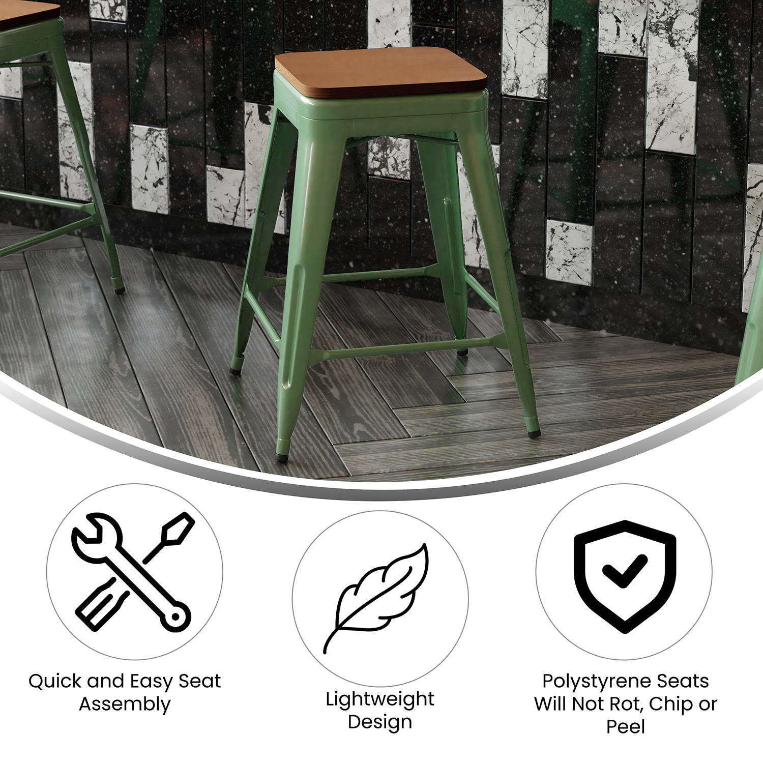 BLNK Kai Commercial Metal Backless Indoor-Outdoor Counter Height Stool with Poly Resin Wood Seat - Green/Teak