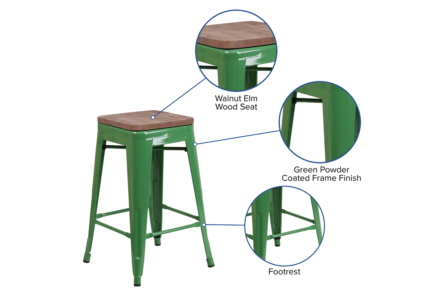 BLNK Lily Metal Backless Counter Height Stool with Square Wood Seat - Green