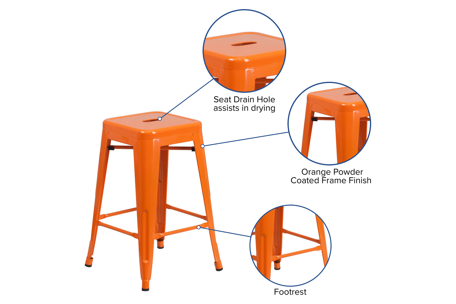 BLNK Kai Commercial Metal Backless Indoor-Outdoor Counter Height Stool with Square Seat - Orange