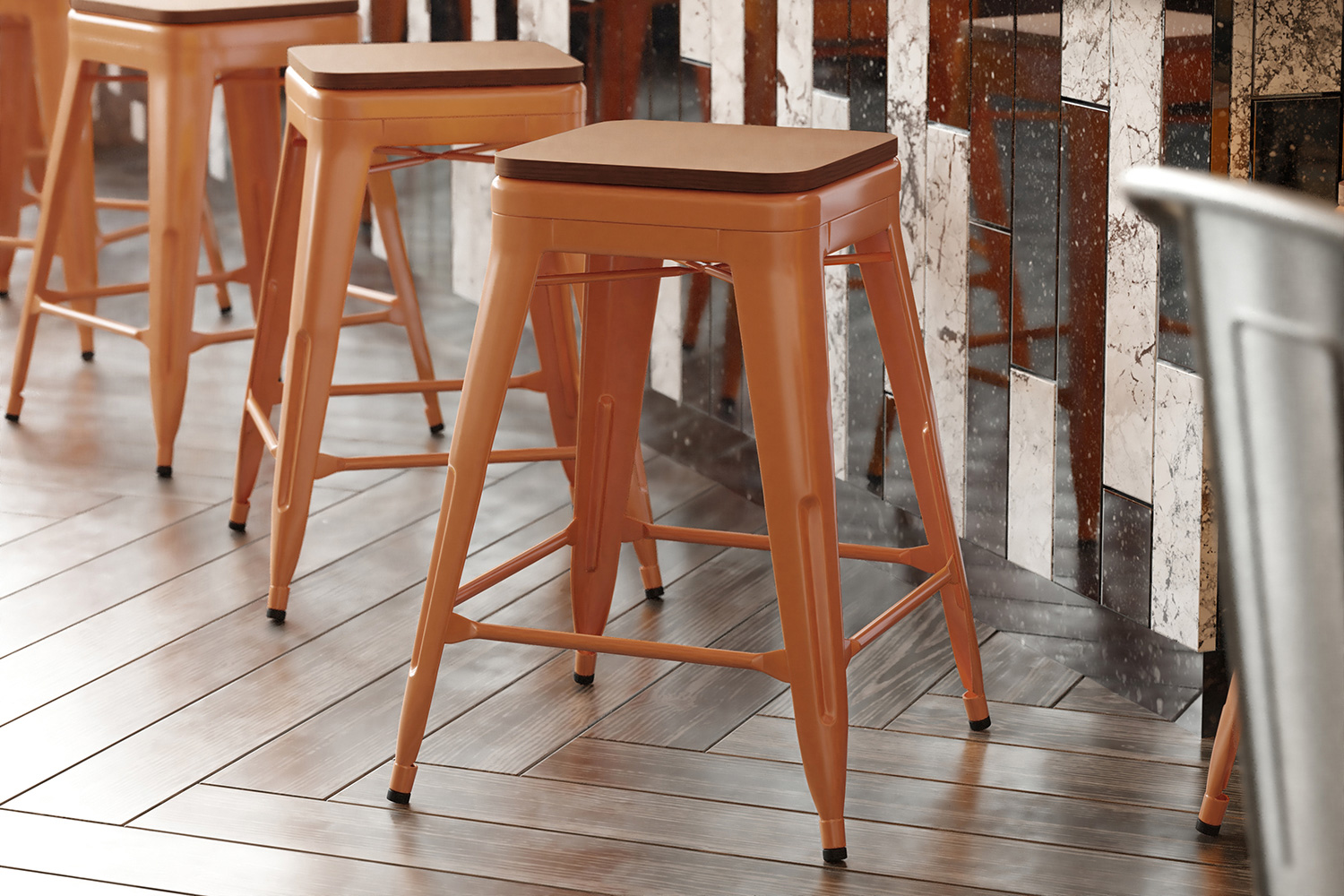 BLNK Kai Commercial Metal Backless Indoor-Outdoor Counter Height Stool with Poly Resin Wood Seat