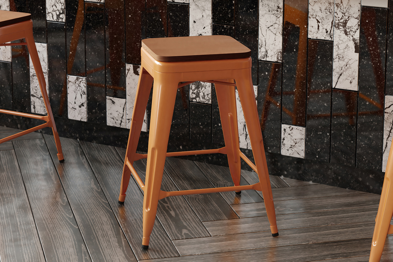 BLNK Kai Commercial Metal Backless Indoor-Outdoor Counter Height Stool with Poly Resin Wood Seat - Orange/Teak