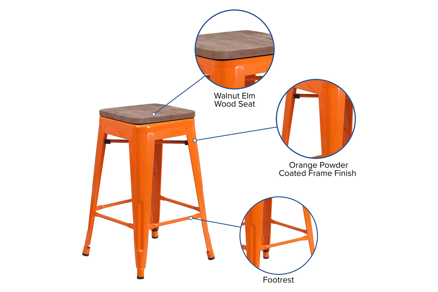 BLNK Lily Metal Backless Counter Height Stool with Square Wood Seat - Orange