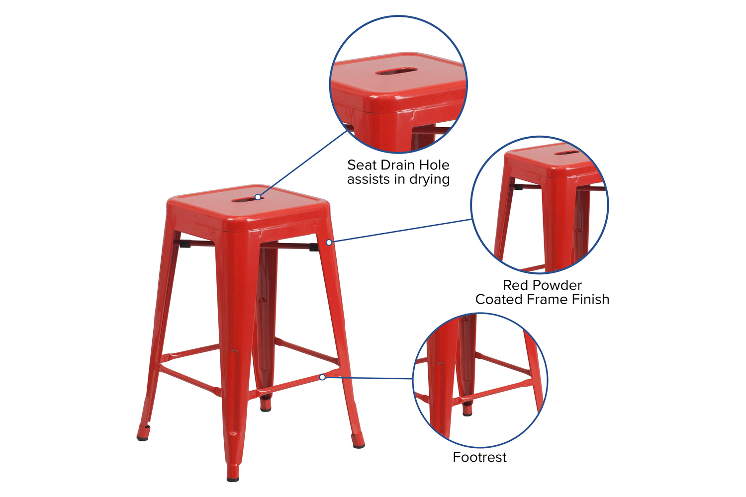 BLNK Kai Commercial Metal Backless Indoor-Outdoor Counter Height Stool with Square Seat - Red