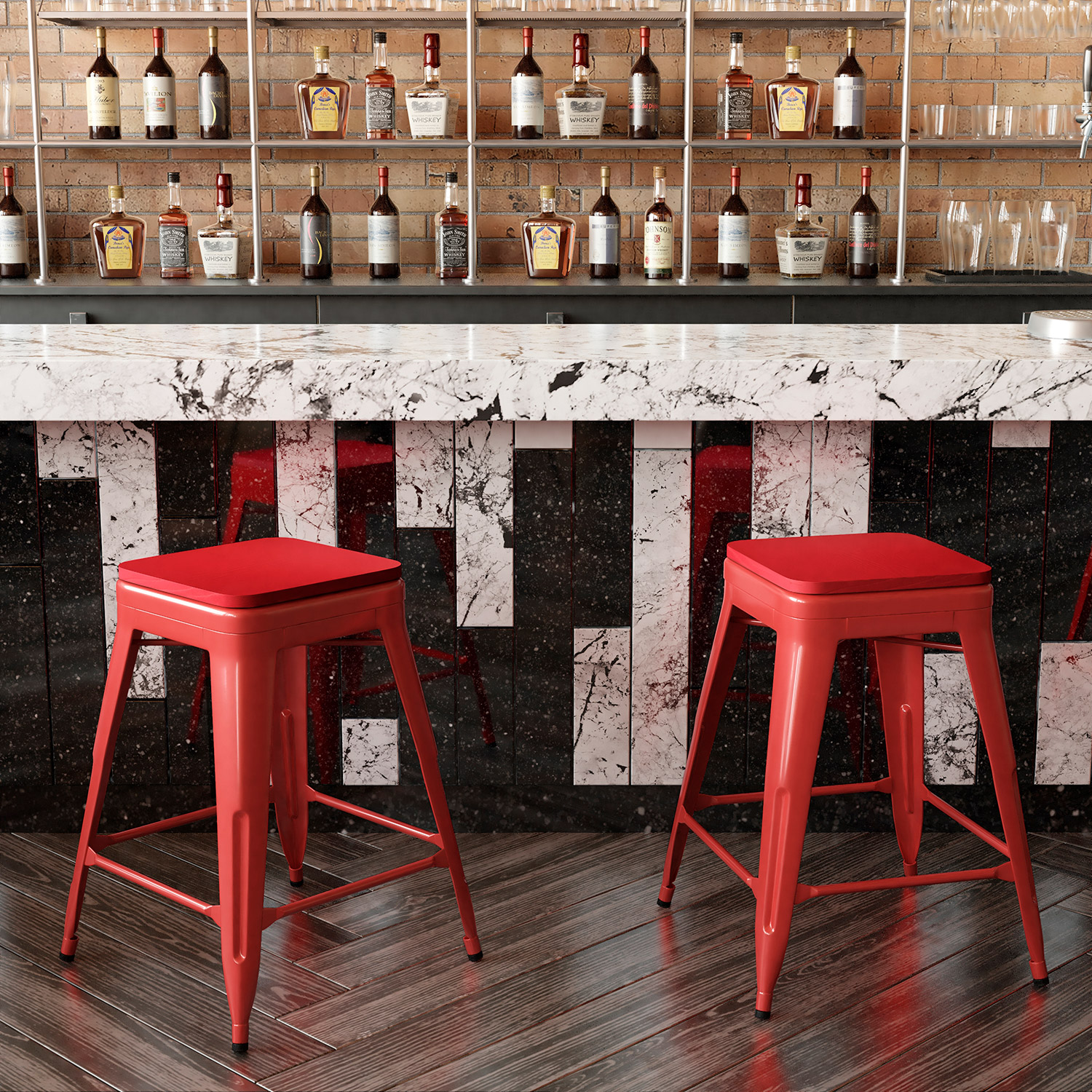 BLNK Kai Commercial Metal Backless Indoor-Outdoor Counter Height Stool with Poly Resin Wood Seat - Red