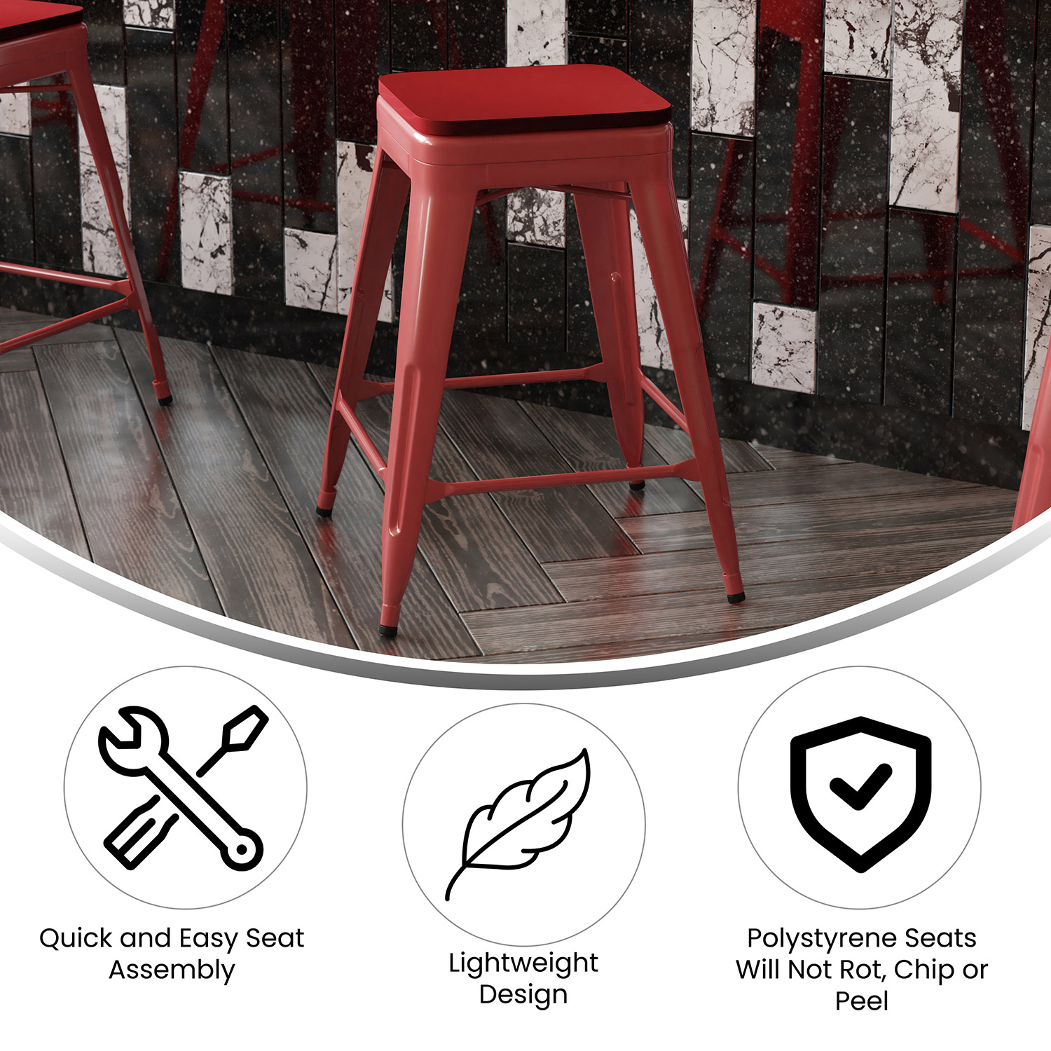 BLNK Kai Commercial Metal Backless Indoor-Outdoor Counter Height Stool with Poly Resin Wood Seat - Red