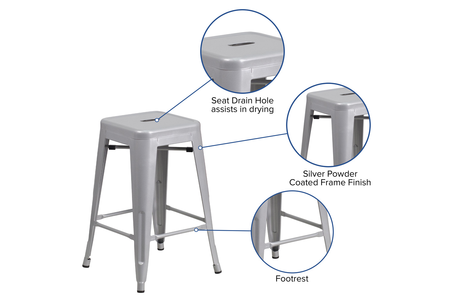 BLNK Kai Commercial Metal Backless Indoor-Outdoor Counter Height Stool with Square Seat - Silver