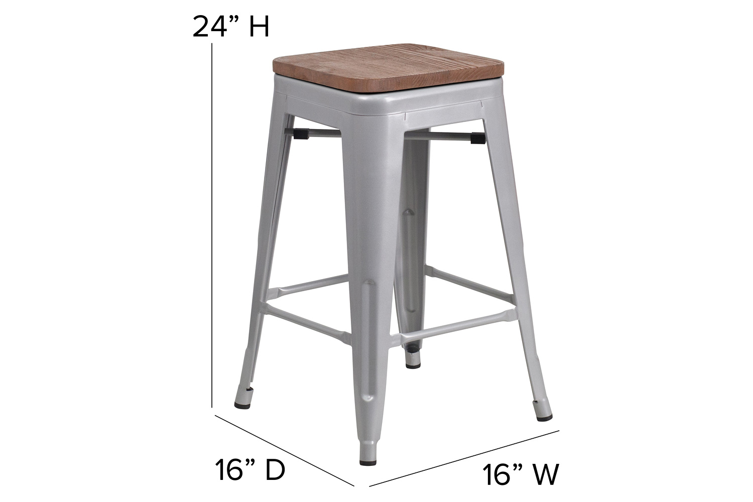 BLNK Kai Commercial Metal Backless Indoor-Outdoor Counter Height Stool with Square Seat - Silver