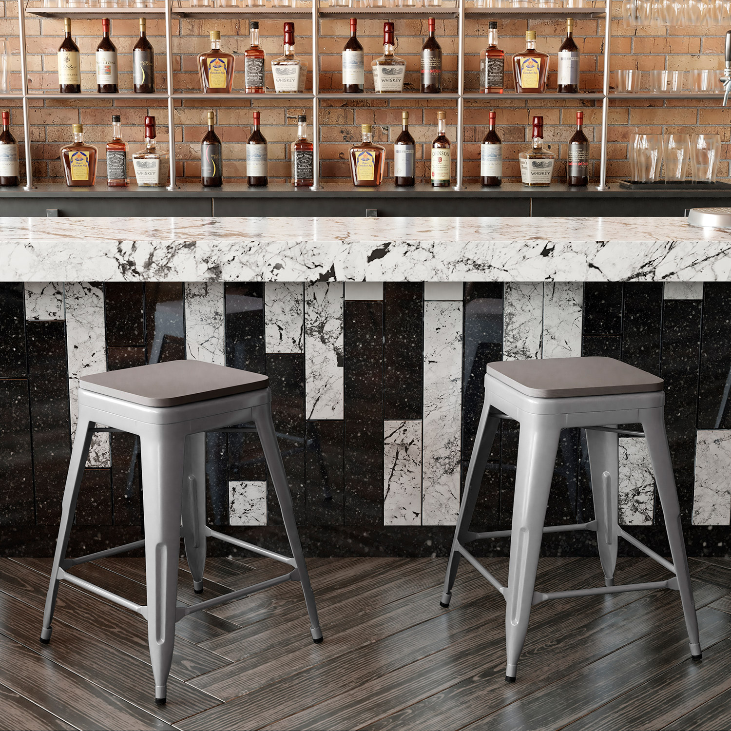 BLNK Kai Commercial Metal Backless Indoor-Outdoor Counter Height Stool with Poly Resin Wood Seat - Silver/Gray