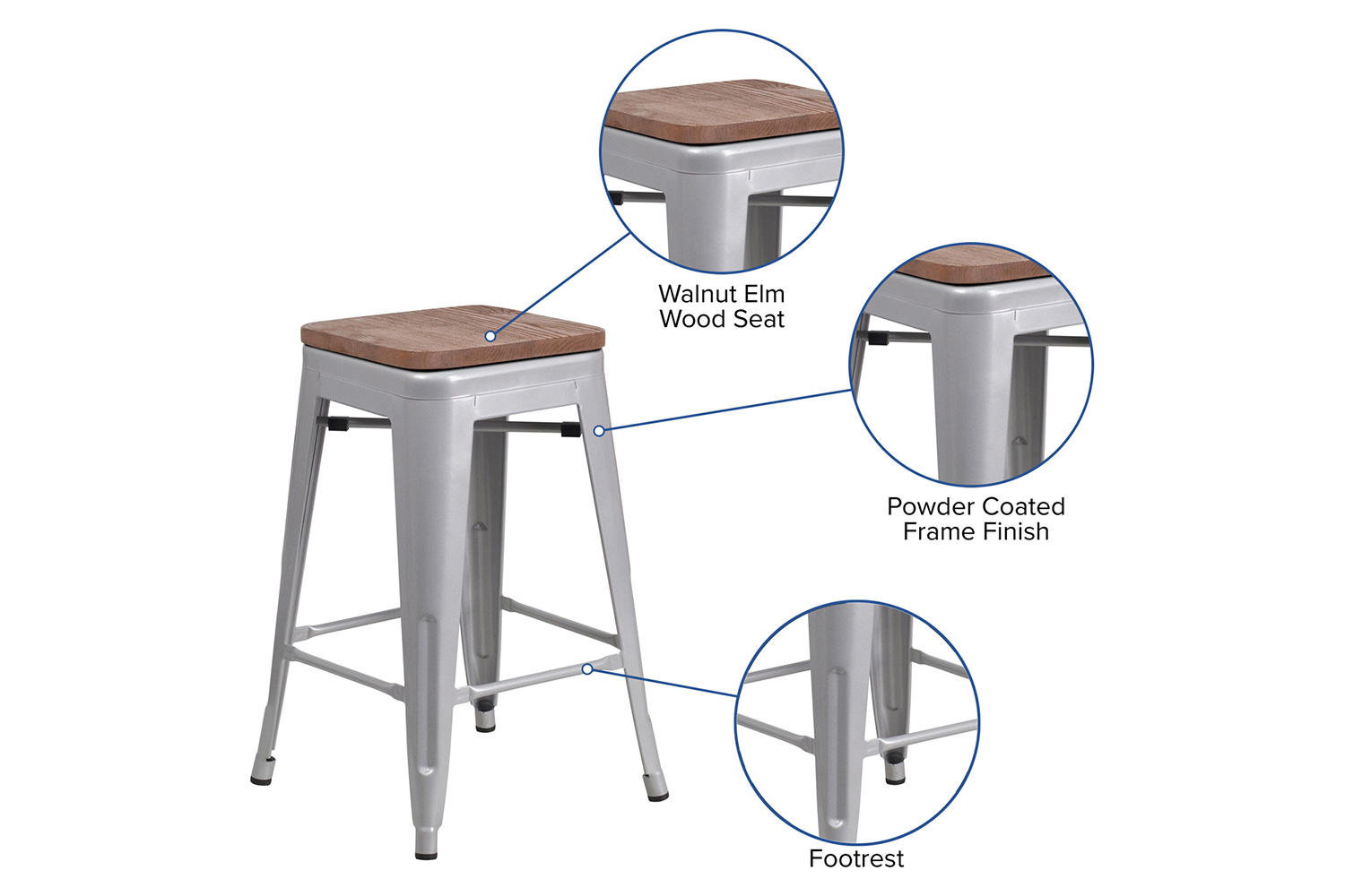 BLNK Lily Metal Backless Counter Height Stool with Square Wood Seat - Silver