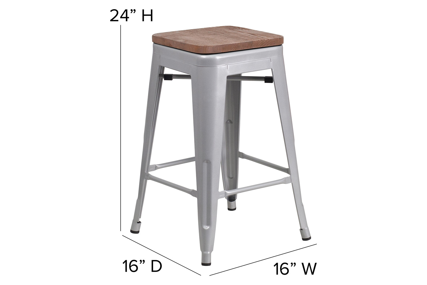 BLNK Lily Metal Backless Counter Height Stool with Square Wood Seat - Silver