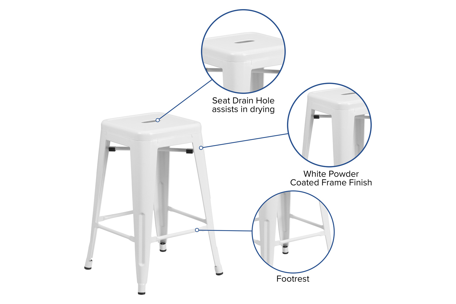 BLNK Kai Commercial Metal Backless Indoor-Outdoor Counter Height Stool with Square Seat - White