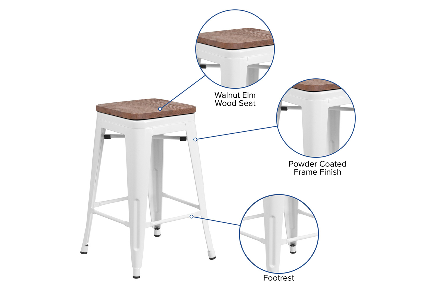 BLNK Lily Metal Backless Counter Height Stool with Square Wood Seat - White