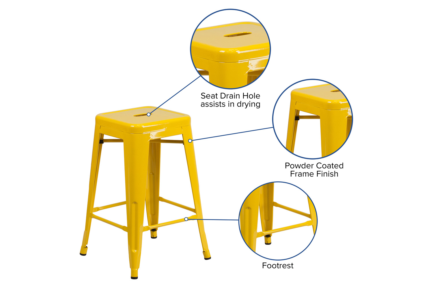 BLNK Kai Commercial Metal Backless Indoor-Outdoor Counter Height Stool with Square Seat - Yellow