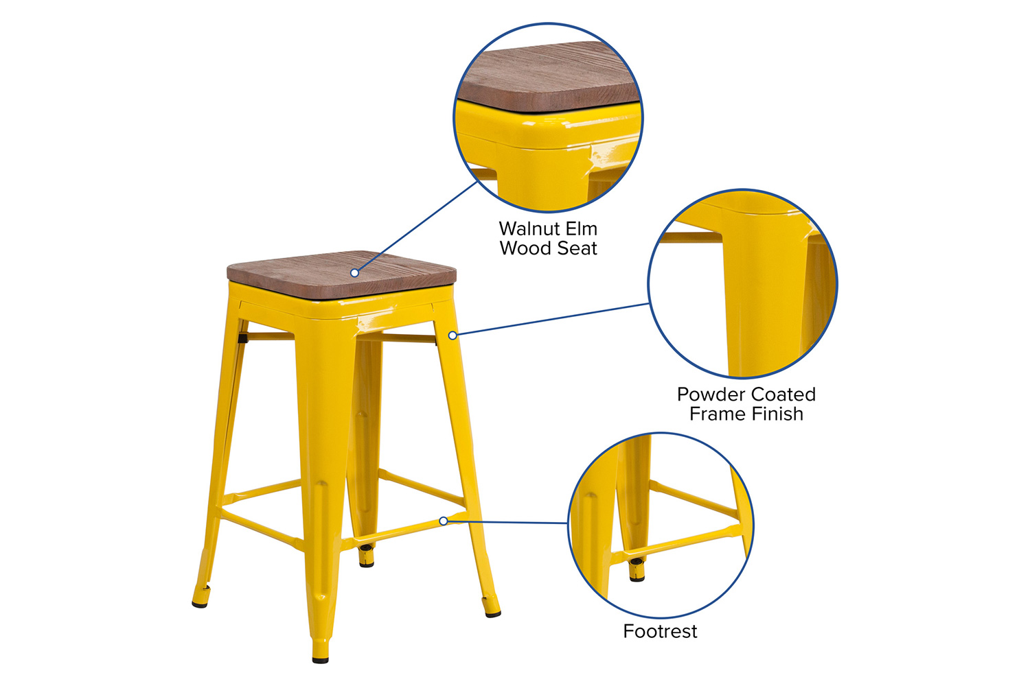 BLNK Lily Metal Backless Counter Height Stool with Square Wood Seat - Yellow