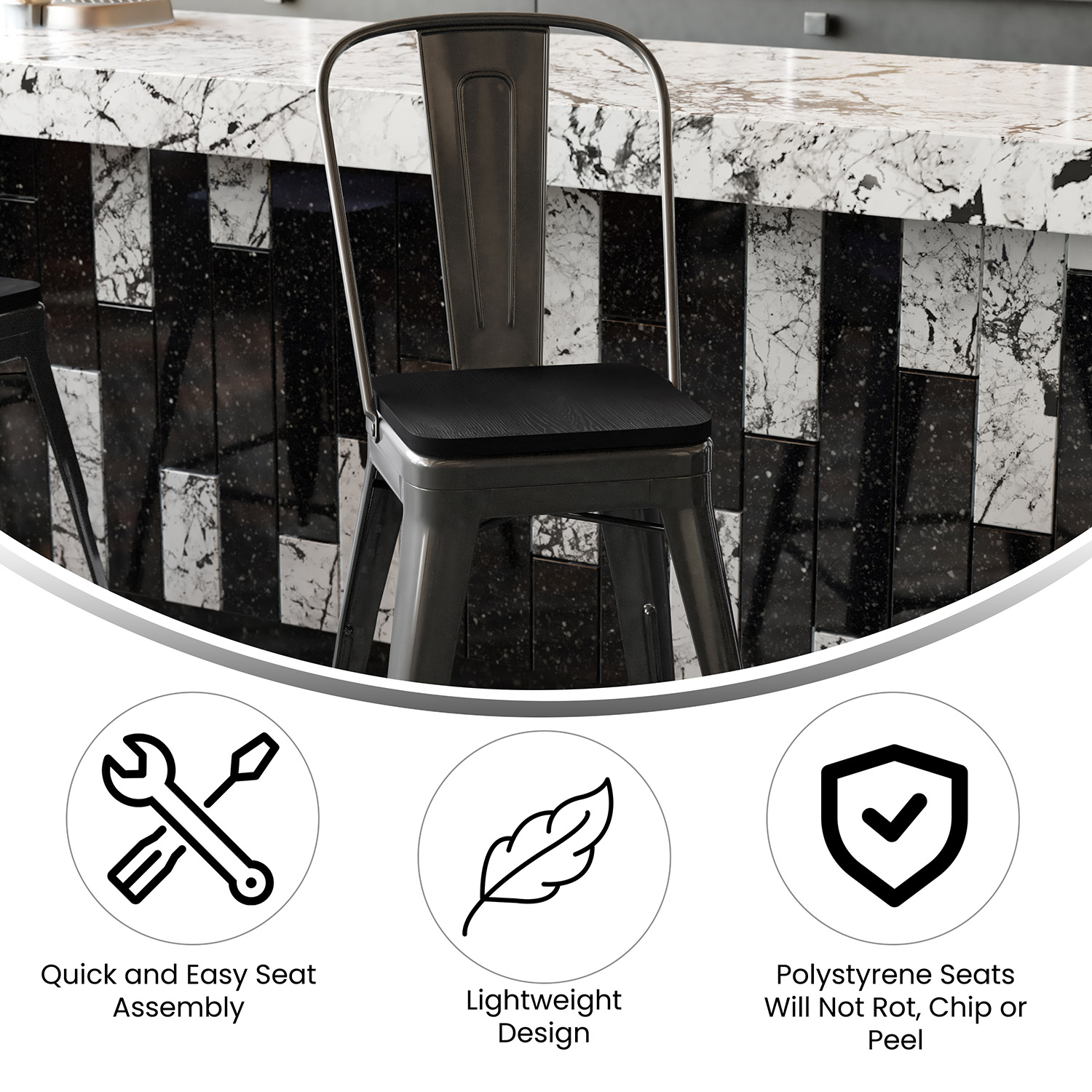 BLNK Kai Commercial Metal Indoor-Outdoor Counter Height Stool with Removable Back and All-Weather Poly Resin Seat - Black