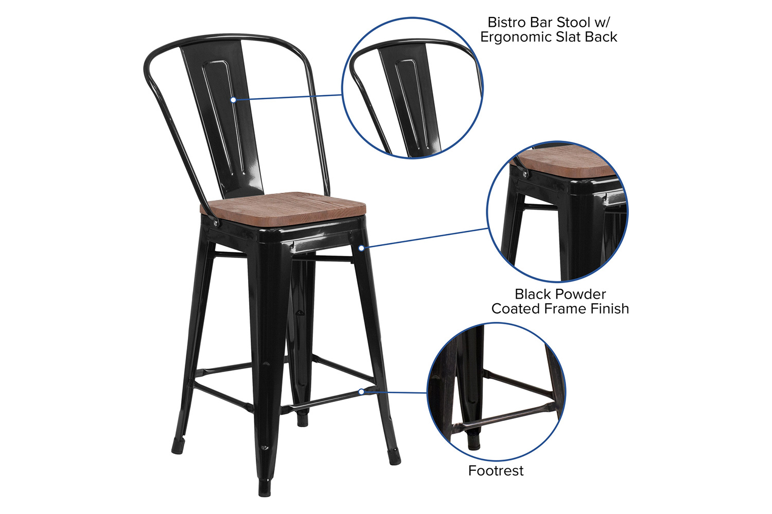 BLNK™ Lily Metal Counter Height Stool with Back and Wood Seat - Black