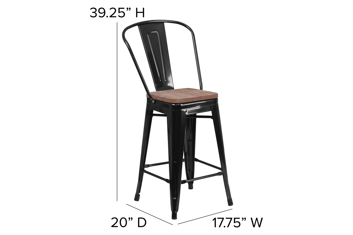 BLNK™ Lily Metal Counter Height Stool with Back and Wood Seat - Black