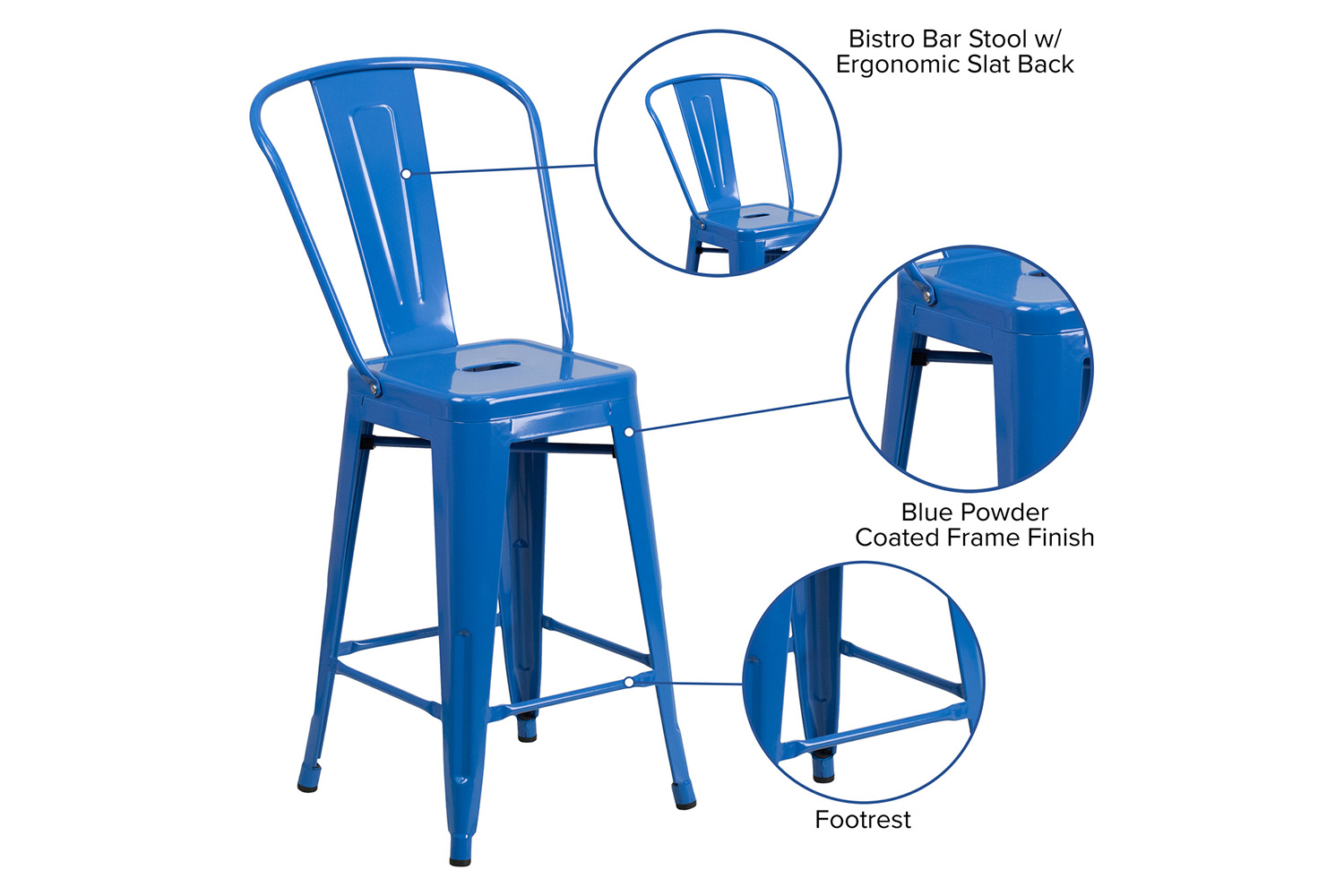 BLNK Kai Commercial Metal Indoor-Outdoor Counter Height Stool with Removable Back - Blue