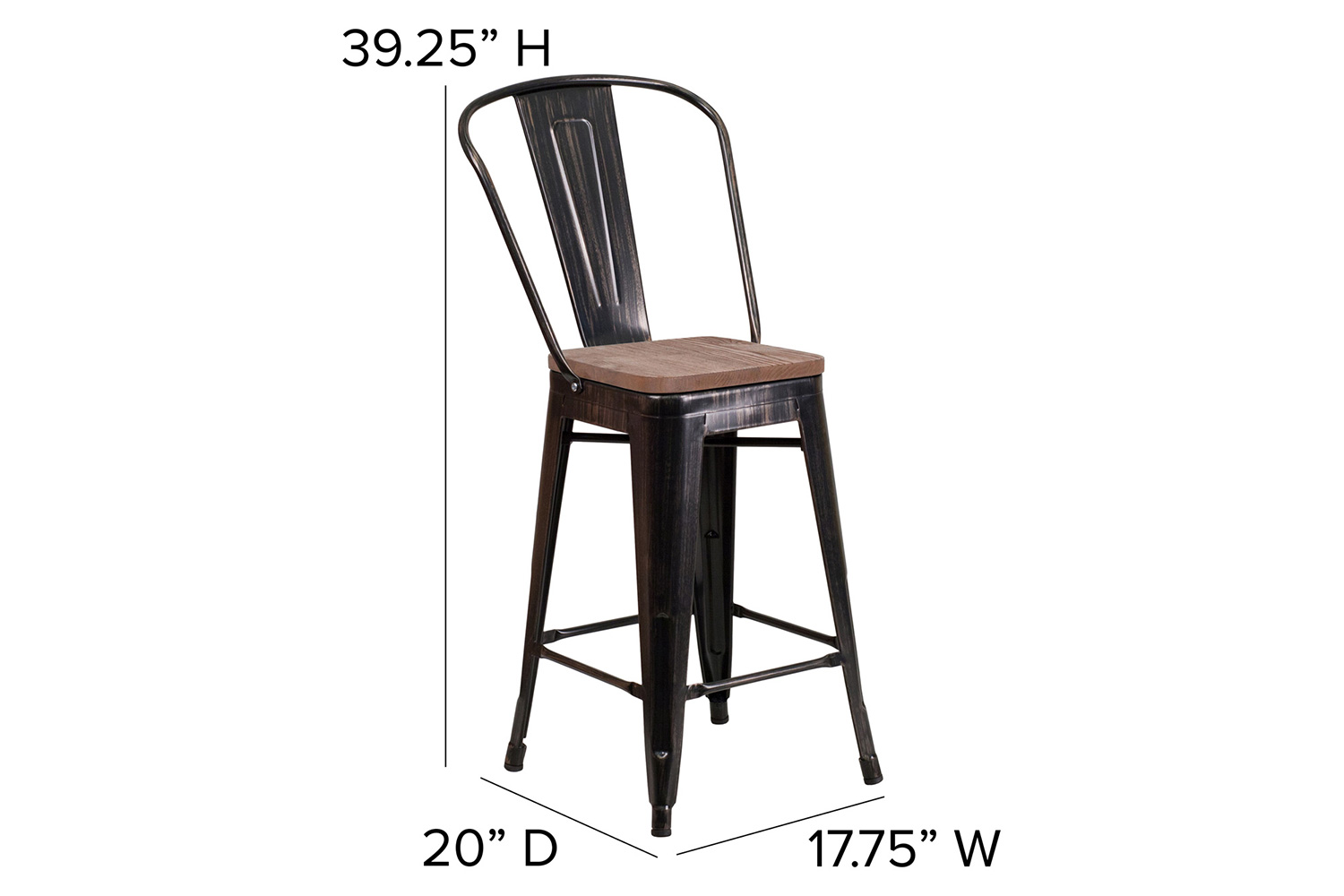 BLNK™ Lily Metal Counter Height Stool with Back and Wood Seat - Black/Antique Gold