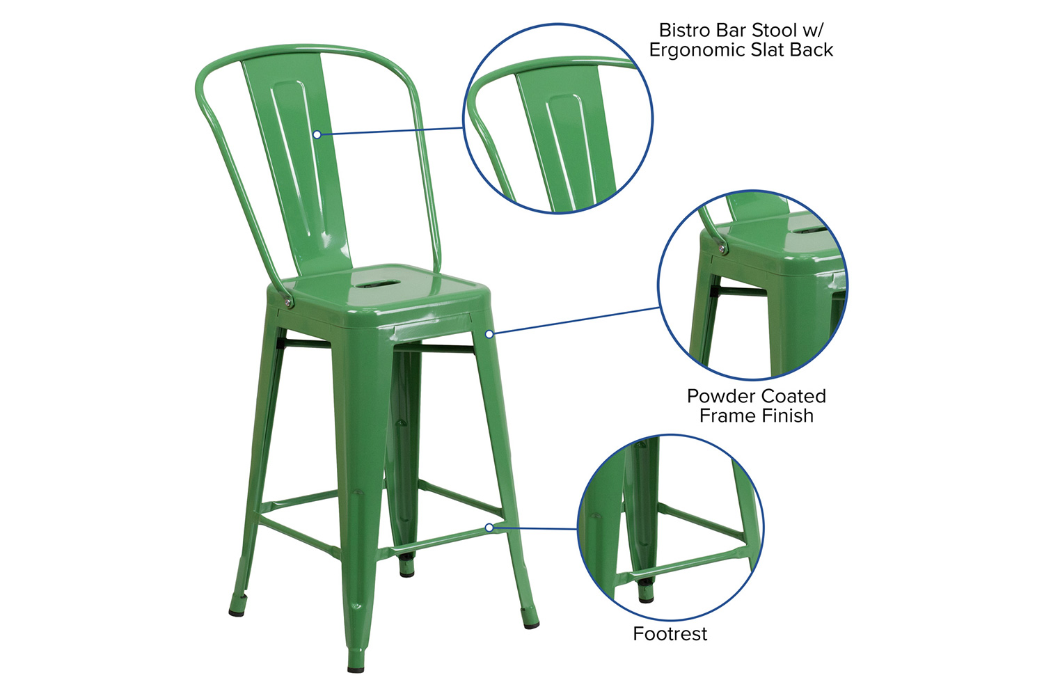 BLNK™ Kai Commercial Metal Indoor-Outdoor Counter Height Stool with Removable Back - Green