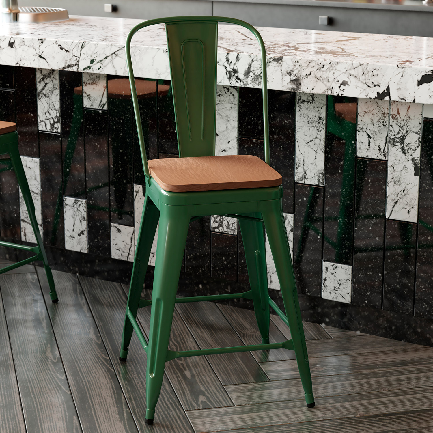 BLNK™ Kai Commercial Metal Indoor-Outdoor Counter Height Stool with Removable Back and All-Weather Poly Resin Seat - Green/Teak