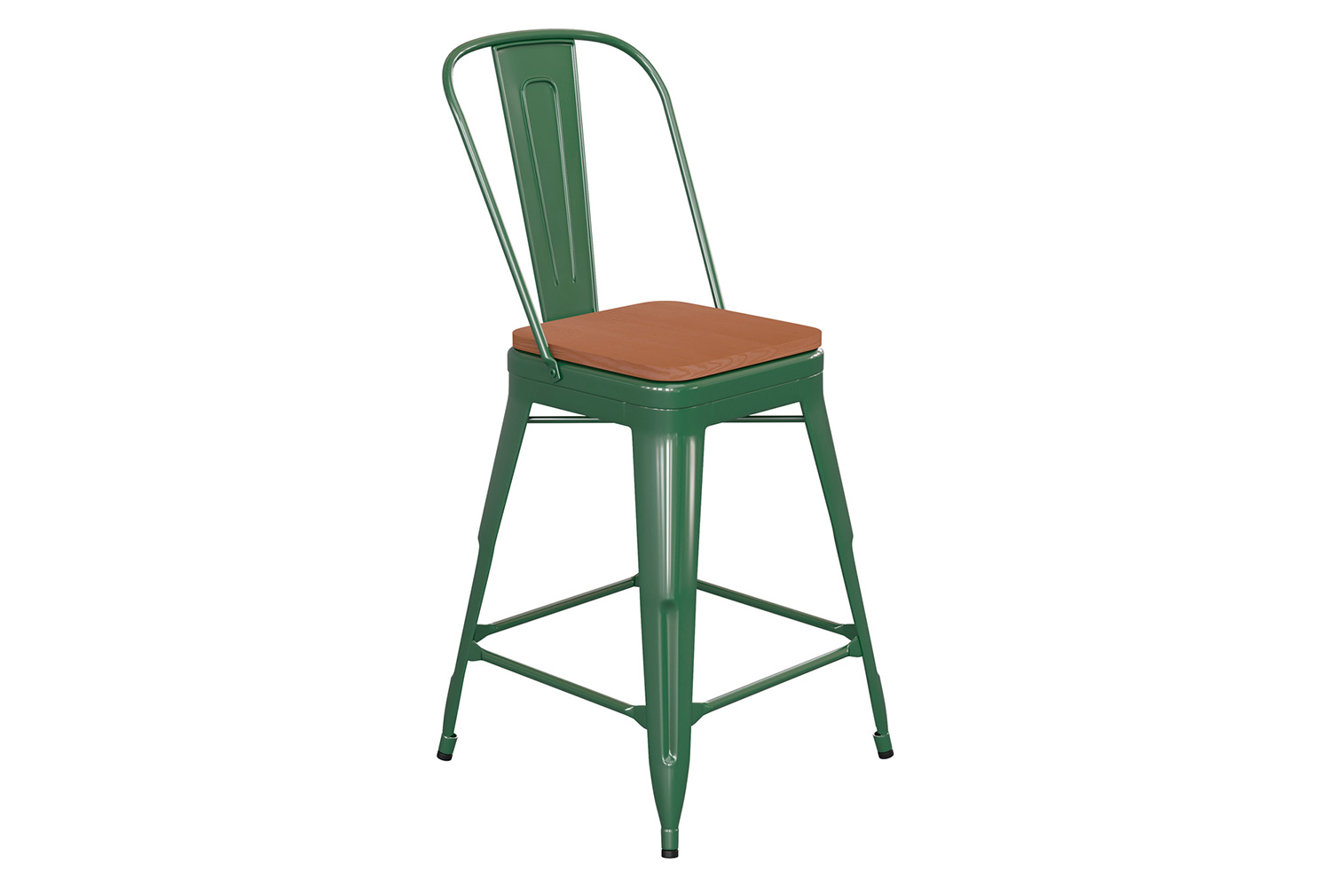 BLNK™ Kai Commercial Metal Indoor-Outdoor Counter Height Stool with Removable Back and All-Weather Poly Resin Seat - Green/Teak