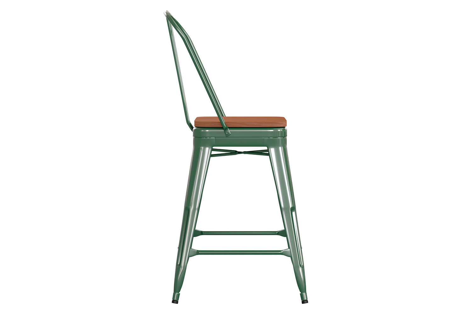 BLNK™ Kai Commercial Metal Indoor-Outdoor Counter Height Stool with Removable Back and All-Weather Poly Resin Seat - Green/Teak