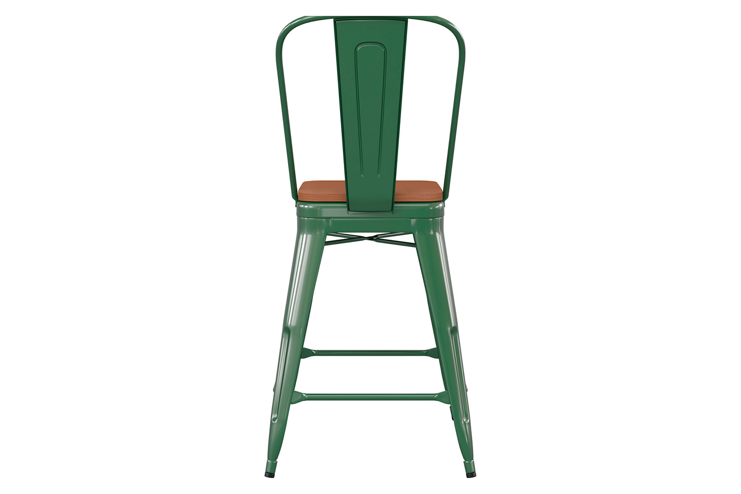 BLNK™ Kai Commercial Metal Indoor-Outdoor Counter Height Stool with Removable Back and All-Weather Poly Resin Seat - Green/Teak