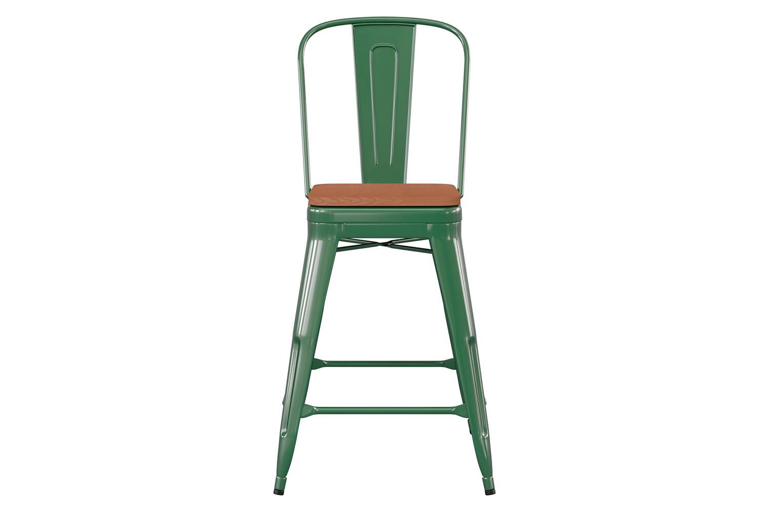 BLNK™ Kai Commercial Metal Indoor-Outdoor Counter Height Stool with Removable Back and All-Weather Poly Resin Seat - Green/Teak