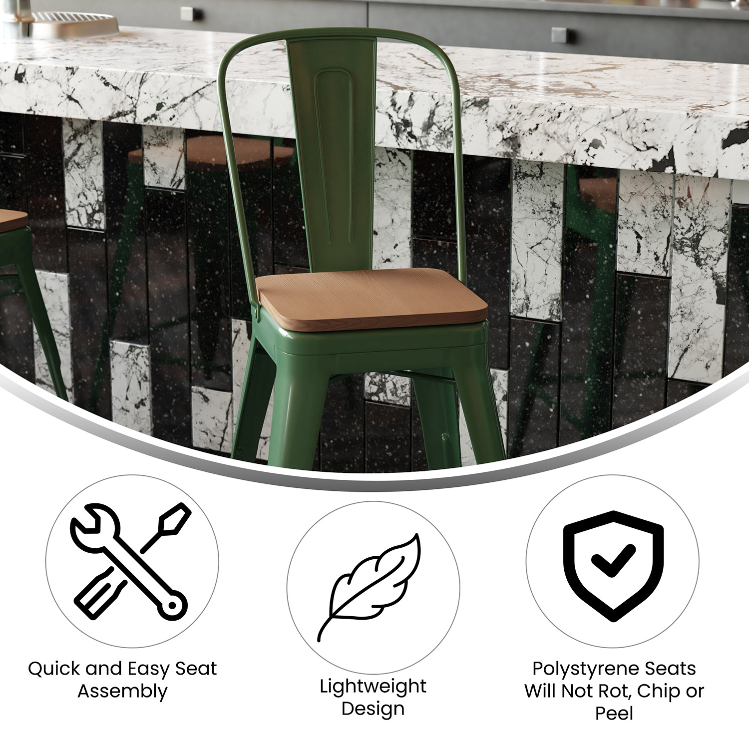 BLNK™ Kai Commercial Metal Indoor-Outdoor Counter Height Stool with Removable Back and All-Weather Poly Resin Seat - Green/Teak