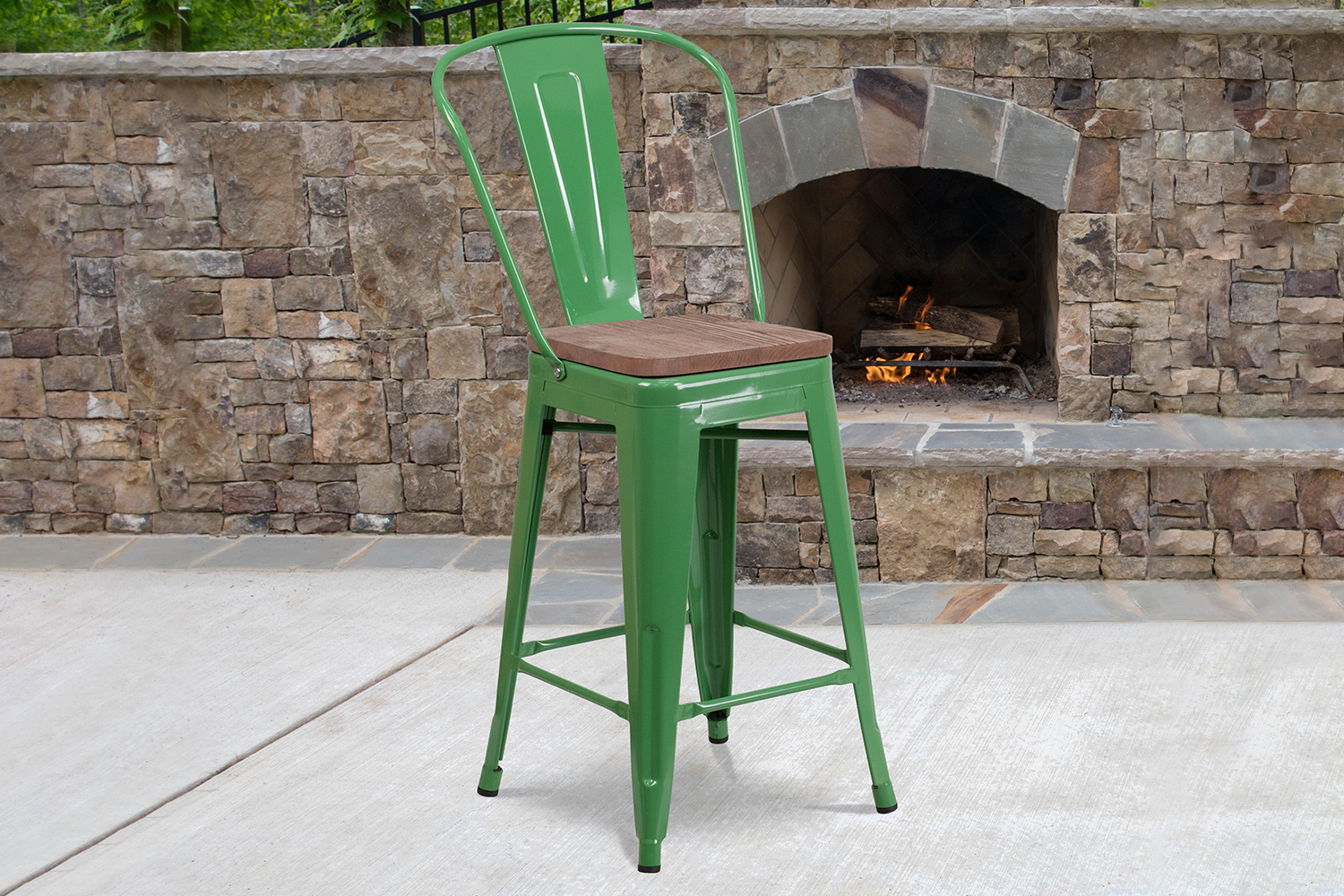 BLNK Lily Metal Counter Height Stool with Back and Wood Seat