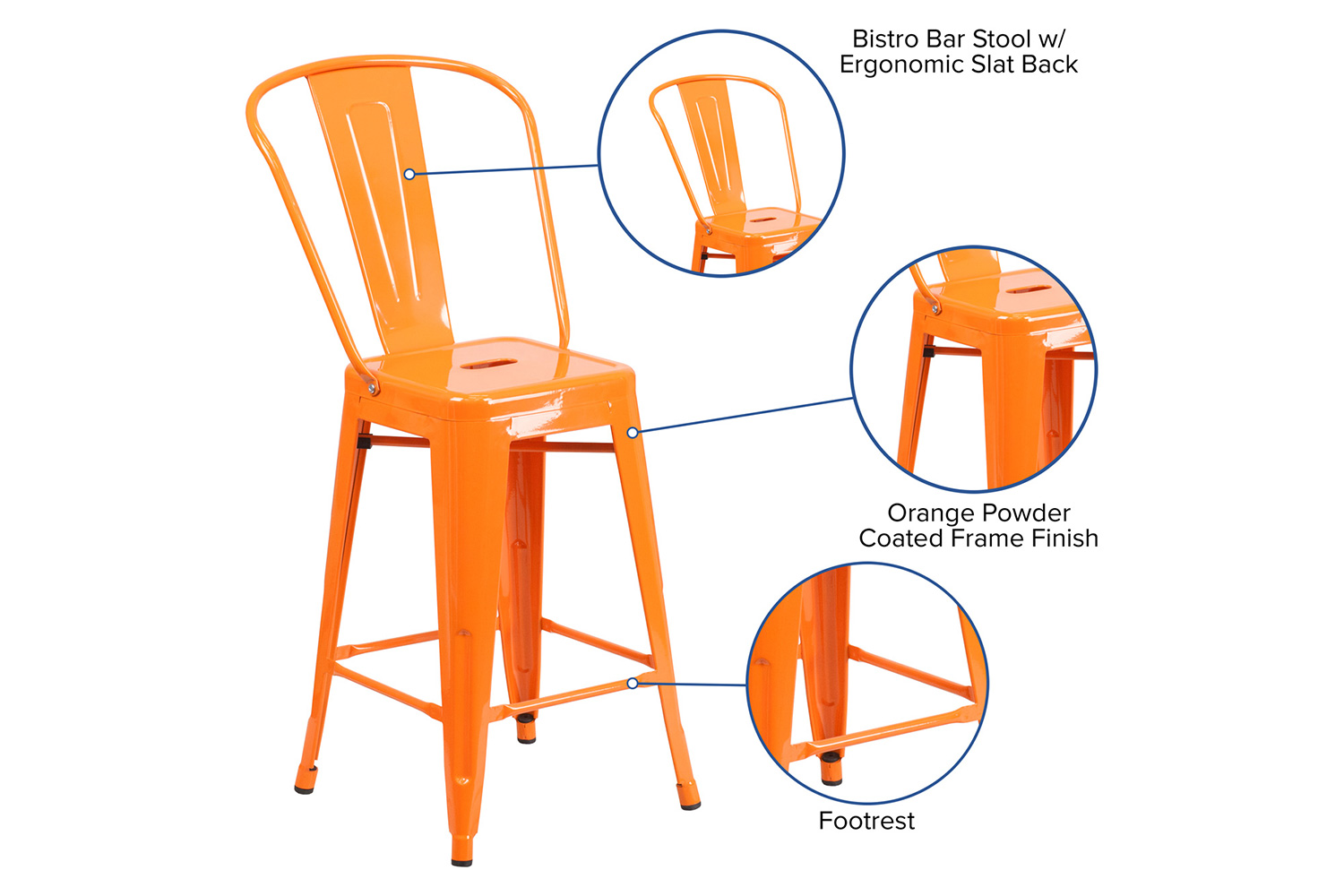 BLNK Kai Commercial Metal Indoor-Outdoor Counter Height Stool with Removable Back - Orange