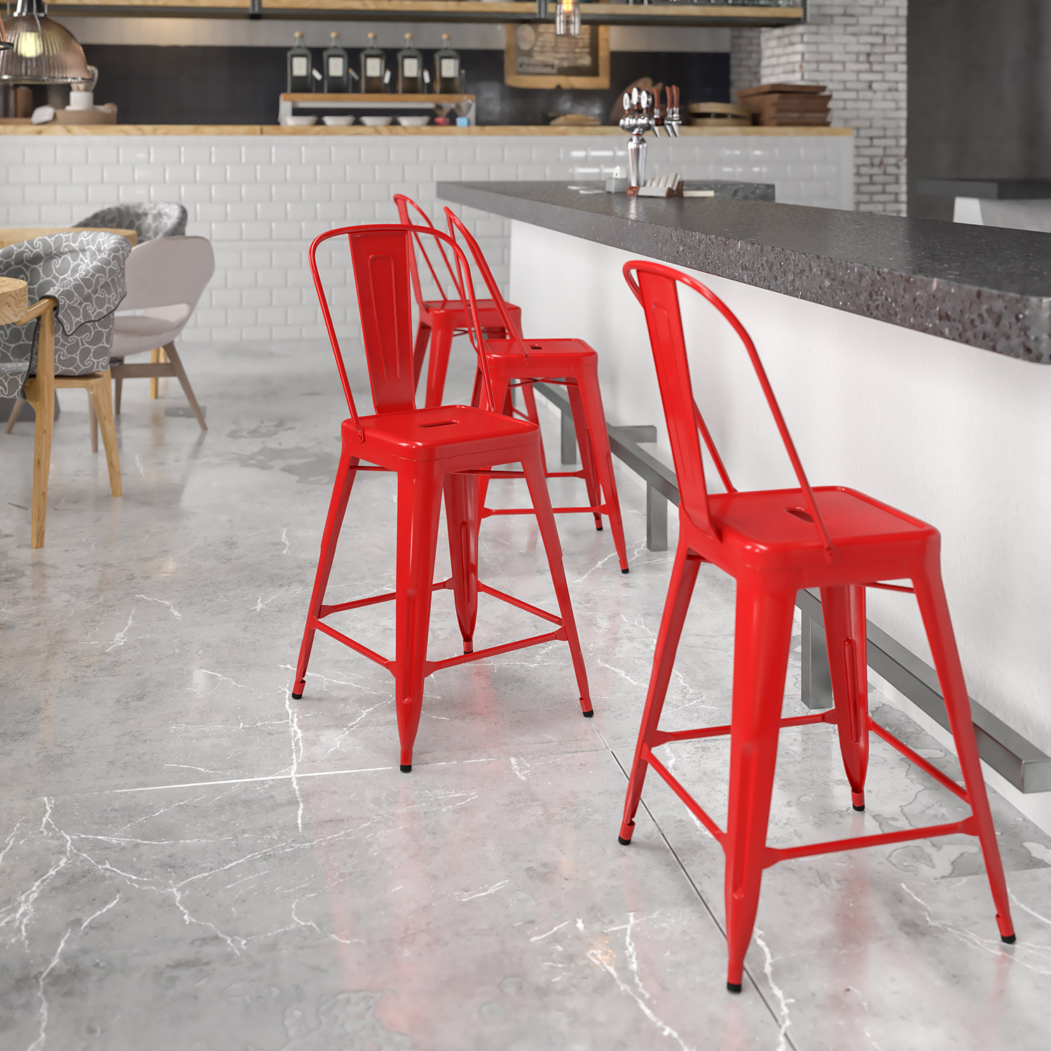 BLNK Kai Commercial Metal Indoor-Outdoor Counter Height Stool with Removable Back