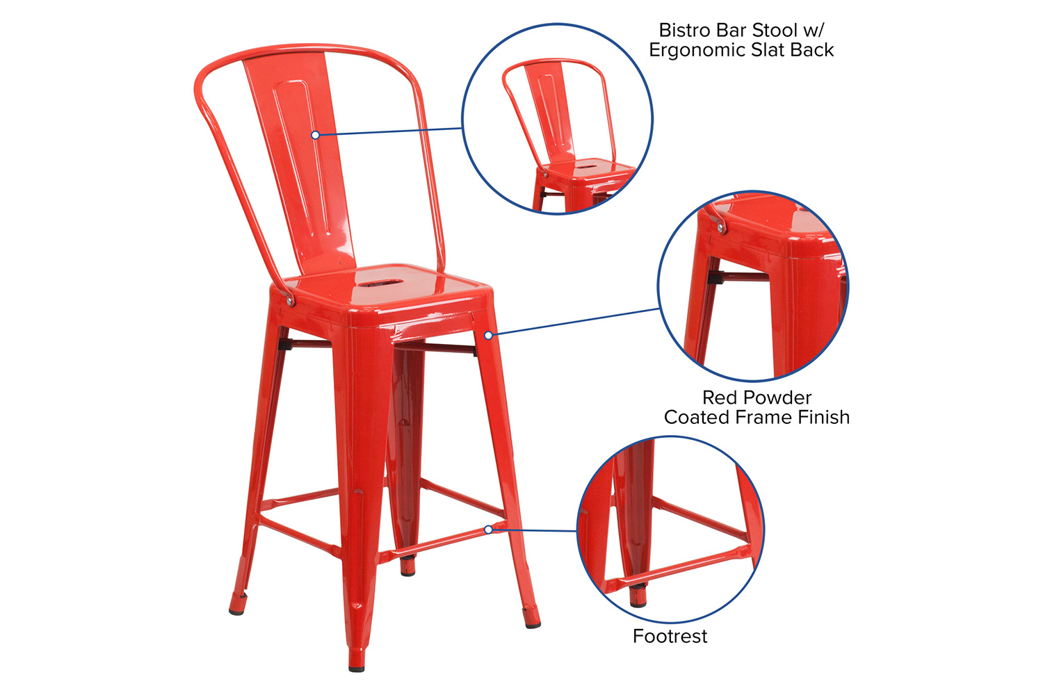 BLNK Kai Commercial Metal Indoor-Outdoor Counter Height Stool with Removable Back - Red