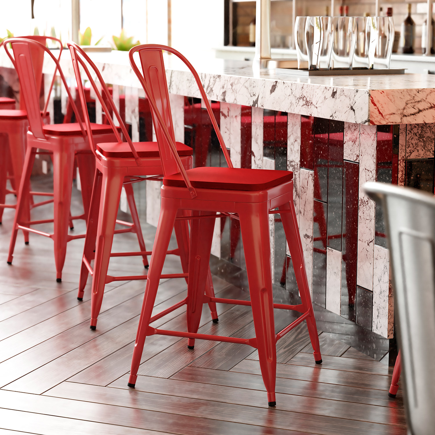 BLNK Kai Commercial Metal Indoor-Outdoor Counter Height Stool with Removable Back and All-Weather Poly Resin Seat