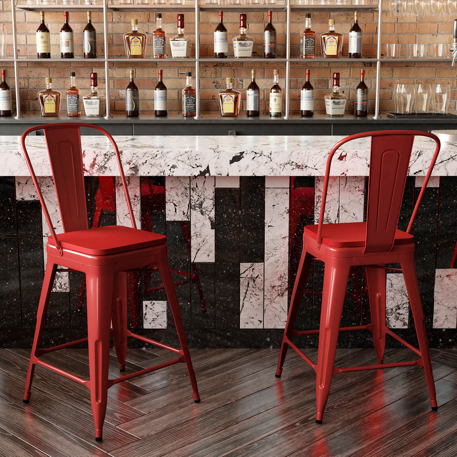 BLNK Kai Commercial Metal Indoor-Outdoor Counter Height Stool with Removable Back and All-Weather Poly Resin Seat - Red