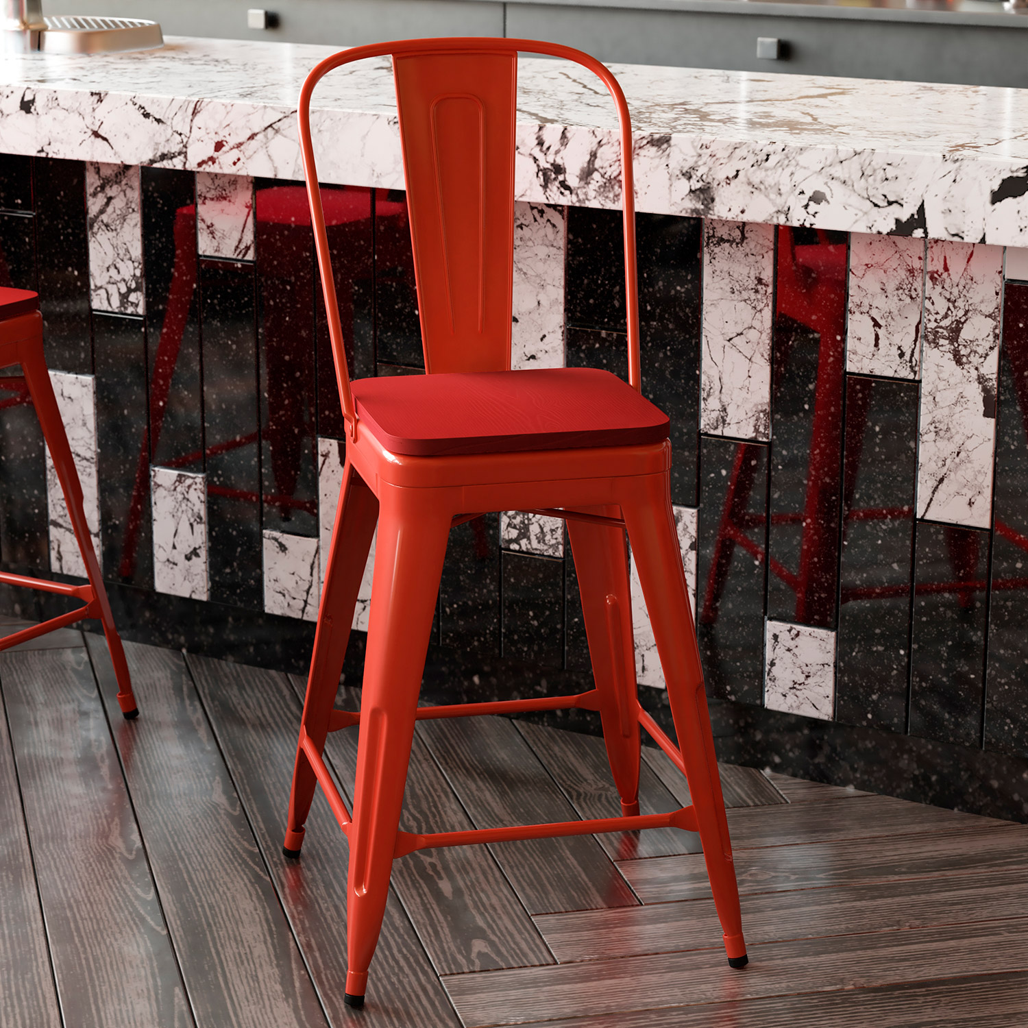 BLNK Kai Commercial Metal Indoor-Outdoor Counter Height Stool with Removable Back and All-Weather Poly Resin Seat - Red