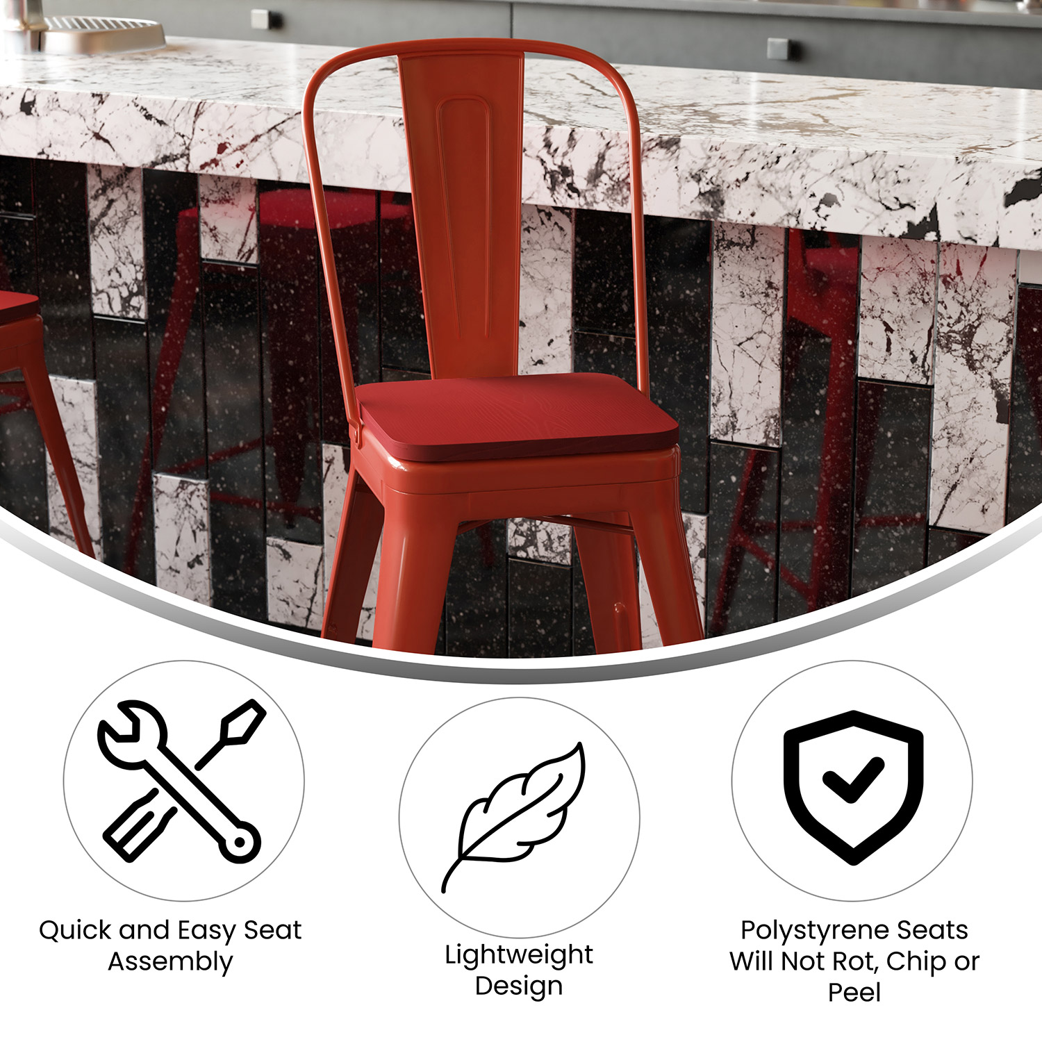 BLNK Kai Commercial Metal Indoor-Outdoor Counter Height Stool with Removable Back and All-Weather Poly Resin Seat - Red