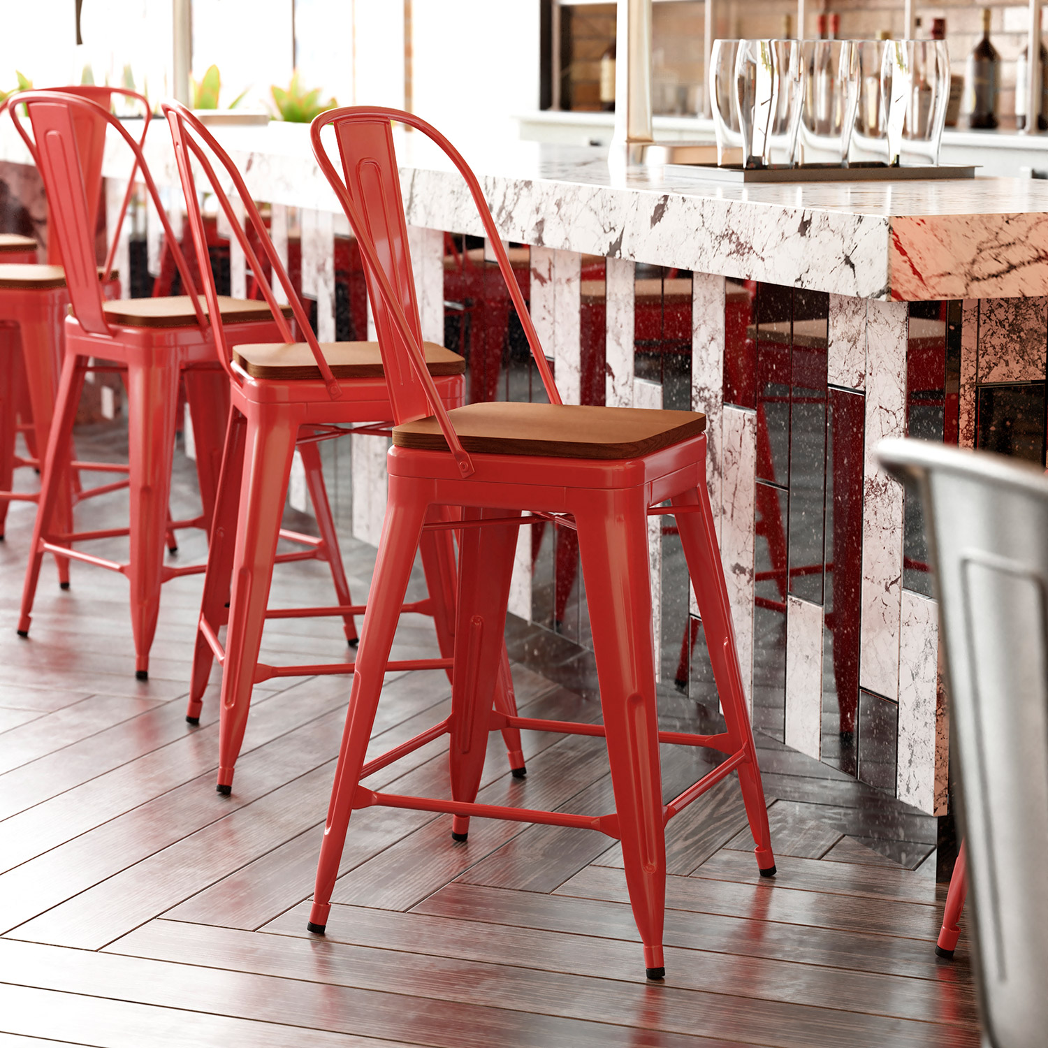 BLNK Kai Commercial Metal Indoor-Outdoor Counter Height Stool with Removable Back and All-Weather Poly Resin Seat