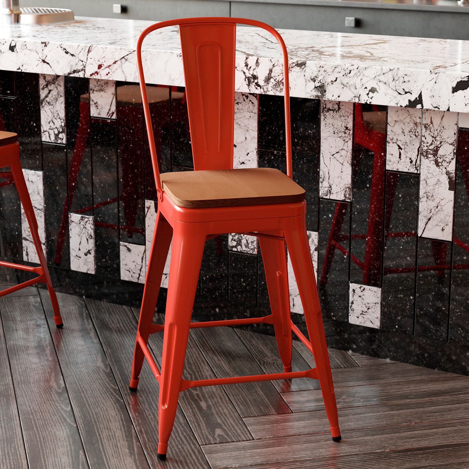 BLNK Kai Commercial Metal Indoor-Outdoor Counter Height Stool with Removable Back and All-Weather Poly Resin Seat - Red/Teak