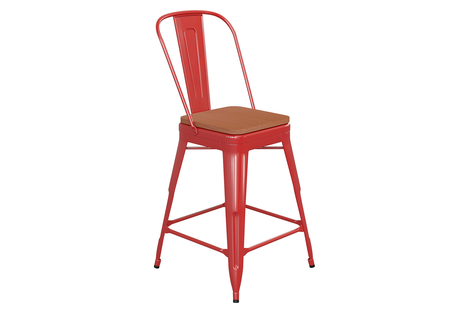 BLNK Kai Commercial Metal Indoor-Outdoor Counter Height Stool with Removable Back and All-Weather Poly Resin Seat - Red/Teak