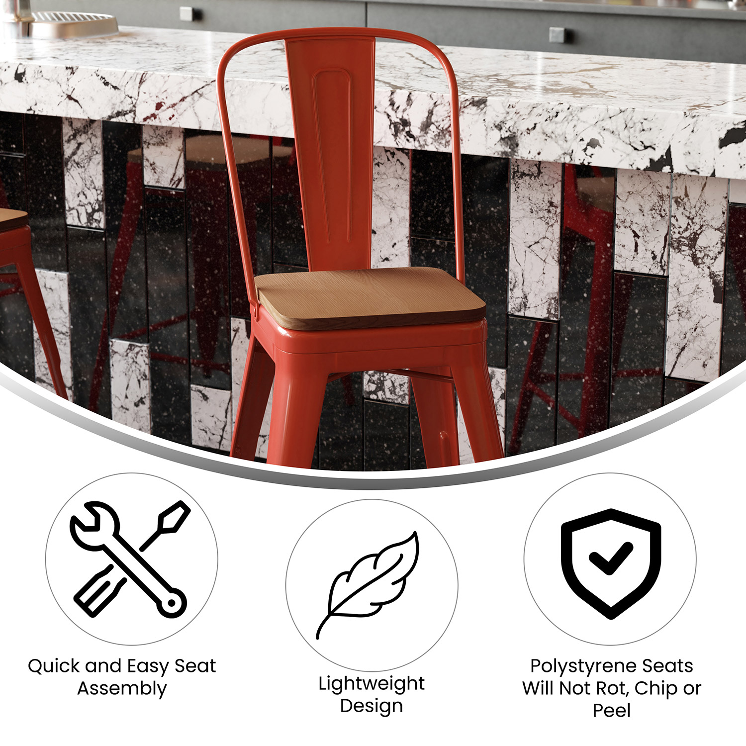 BLNK Kai Commercial Metal Indoor-Outdoor Counter Height Stool with Removable Back and All-Weather Poly Resin Seat - Red/Teak